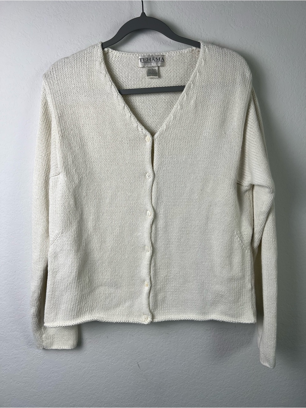 Vintage Tehama White Ramie Cotton Textured V-neck Minimalist Timeless Cardigan
